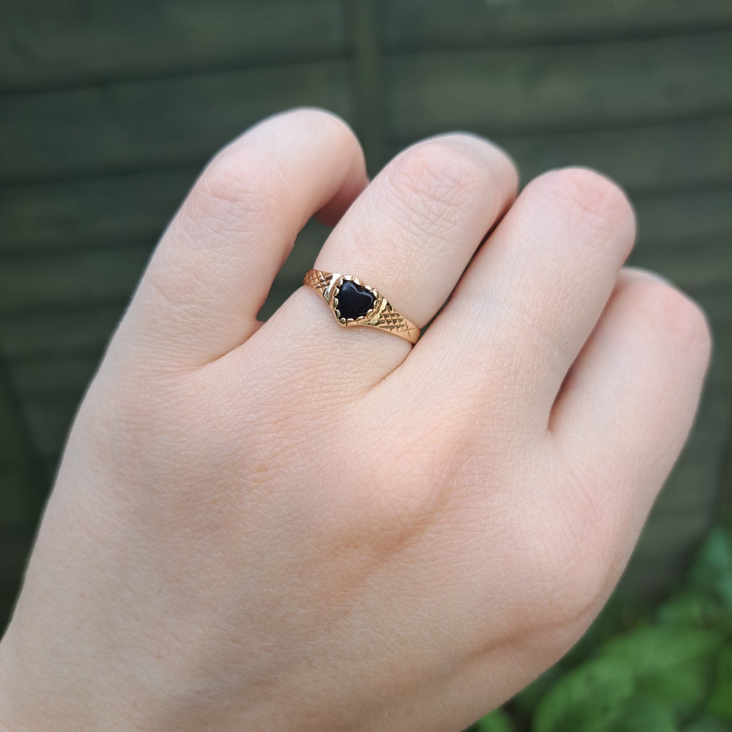 Vintage 9ct Gold and Black Onyx Heart Ring, 1989
