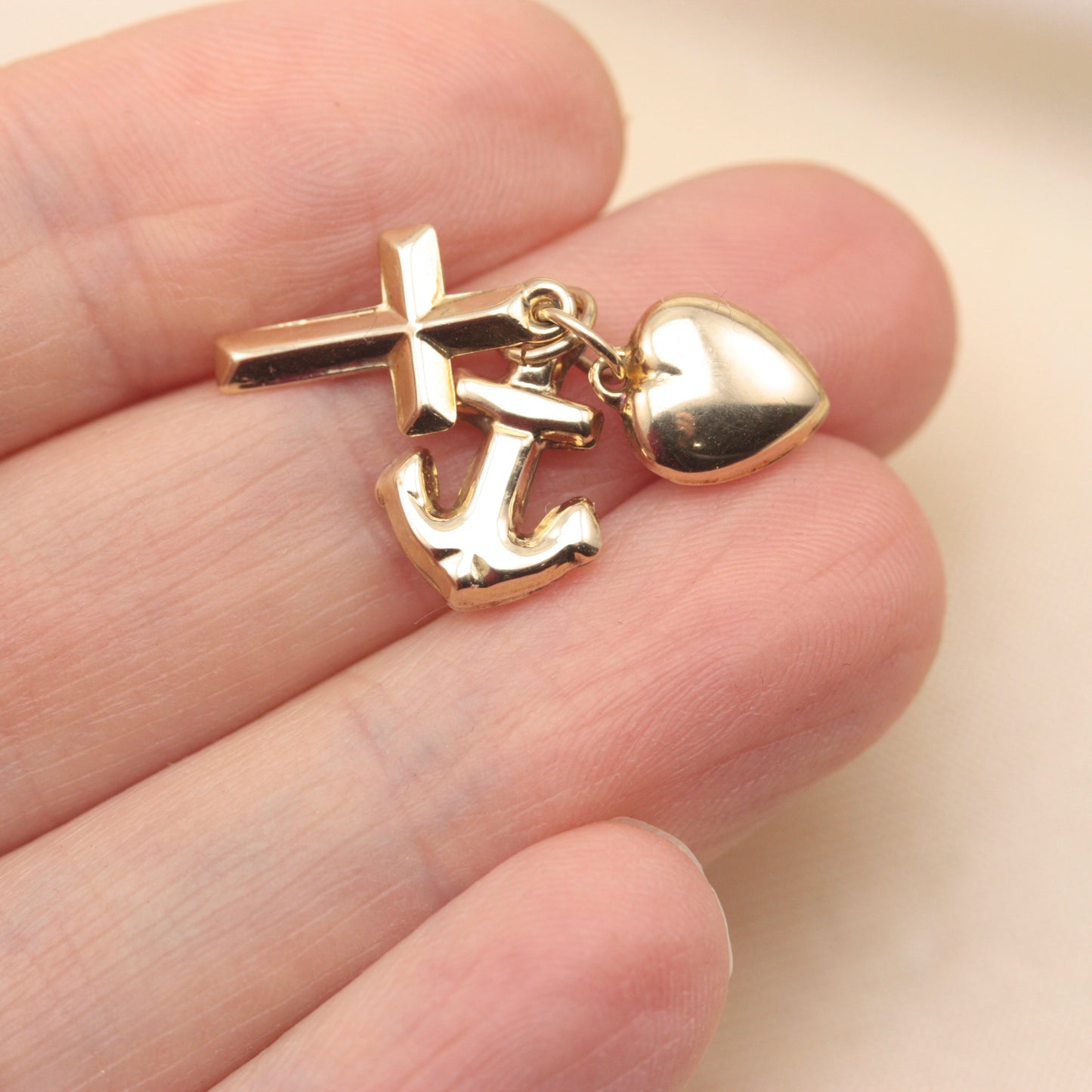 Vintage 9ct Gold Puffy Hope, Faith and Charity Charm, 1973