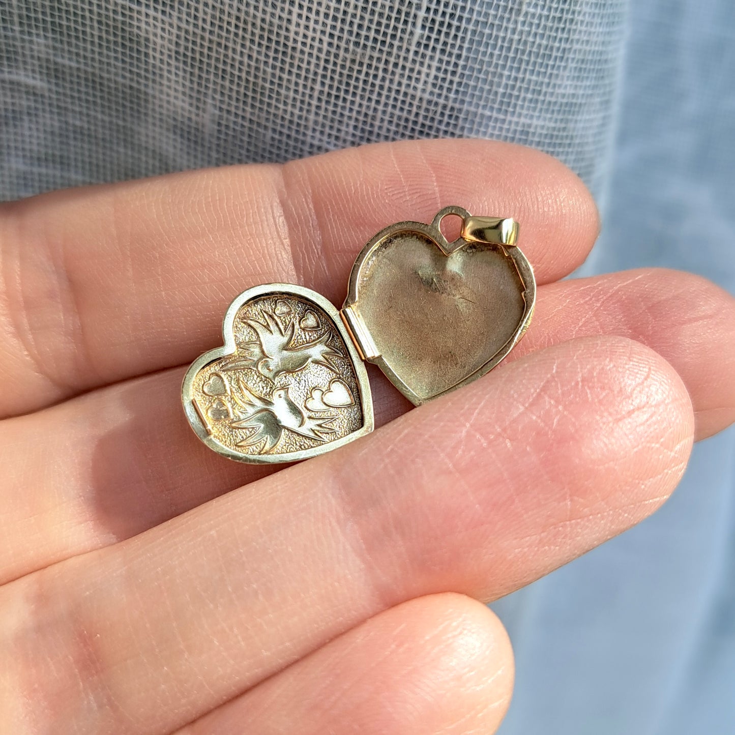 Vintage 9ct Gold Heart Locket Engraved with Doves and Hearts, 1993