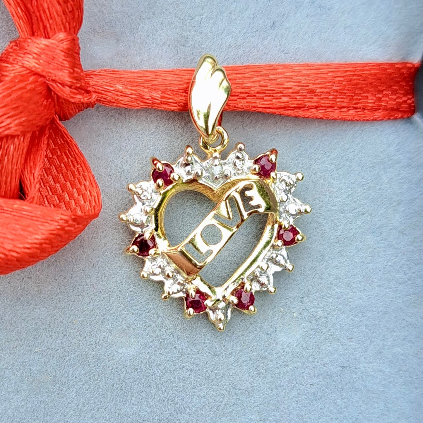 Vintage 10ct Gold "LOVE" Heart Pendant with Rubies