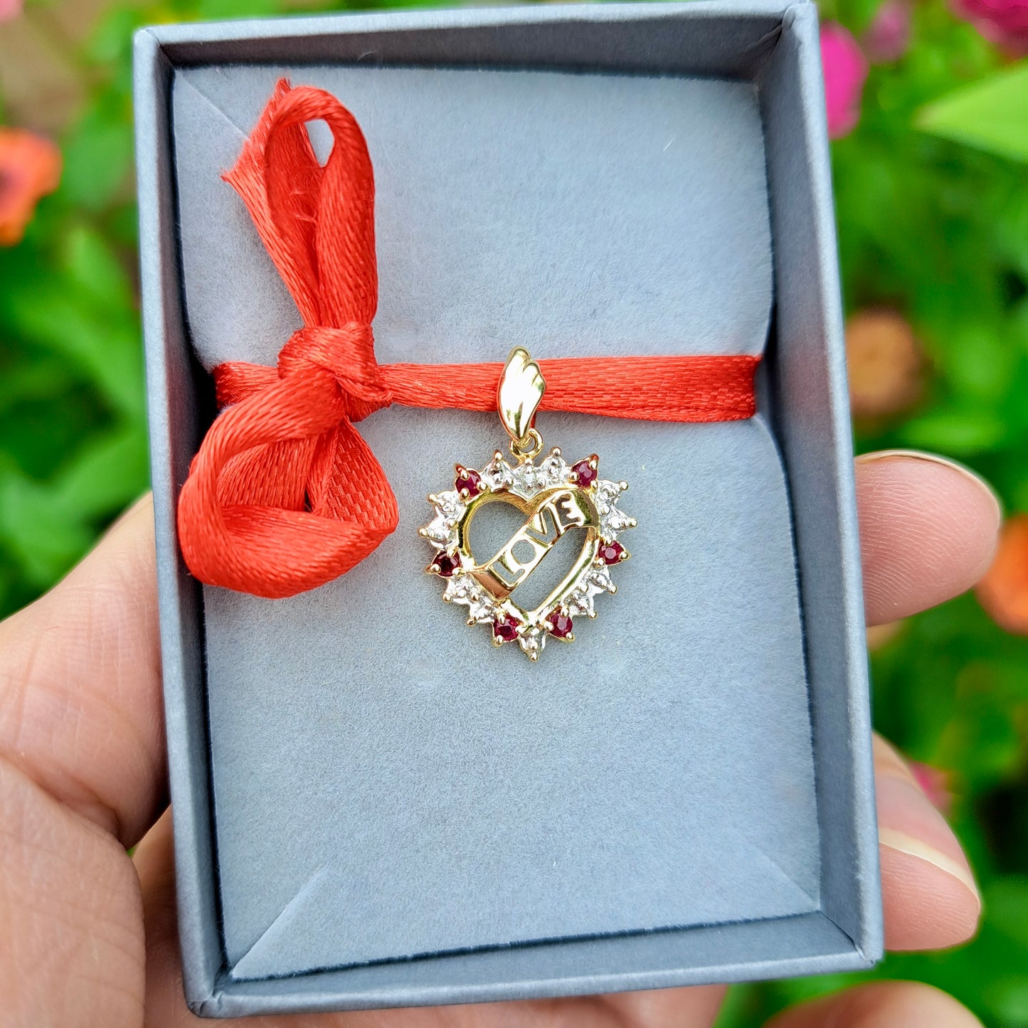 Vintage 10ct Gold "LOVE" Heart Pendant with Rubies