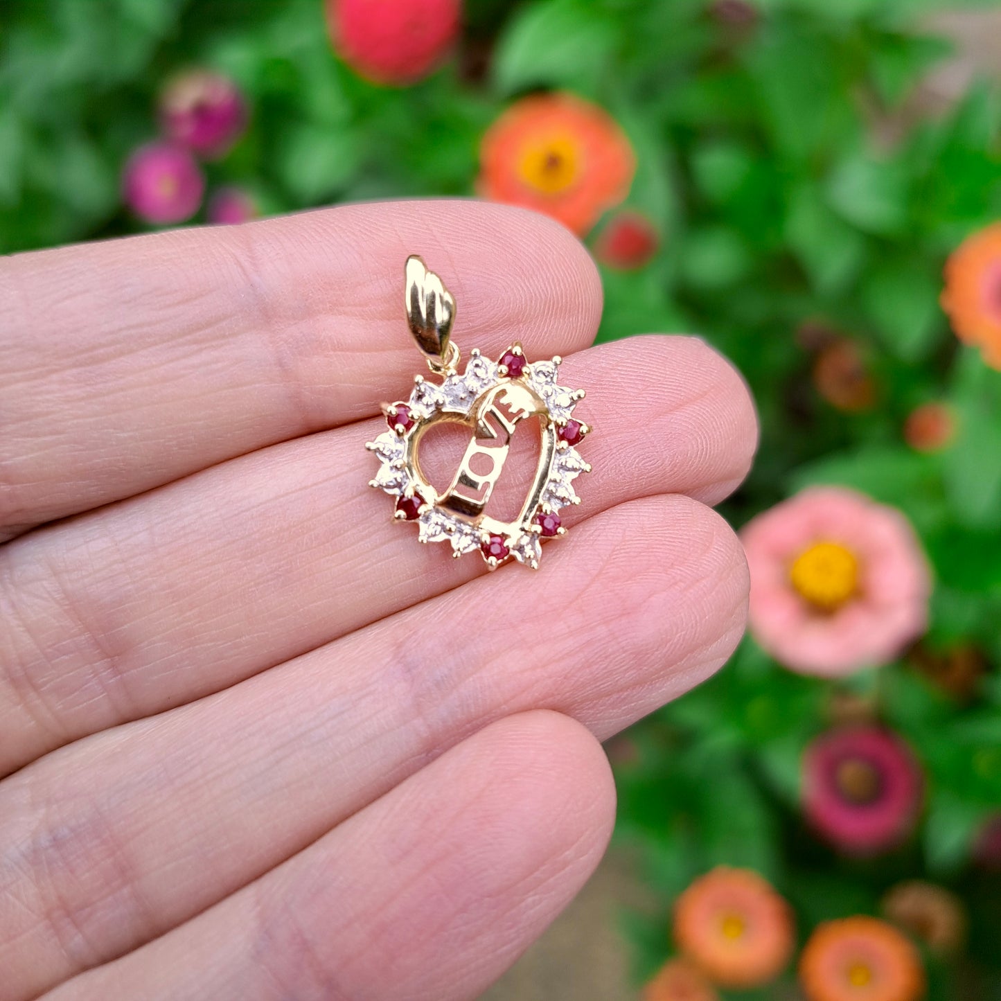 Vintage 10ct Gold "LOVE" Heart Pendant with Rubies