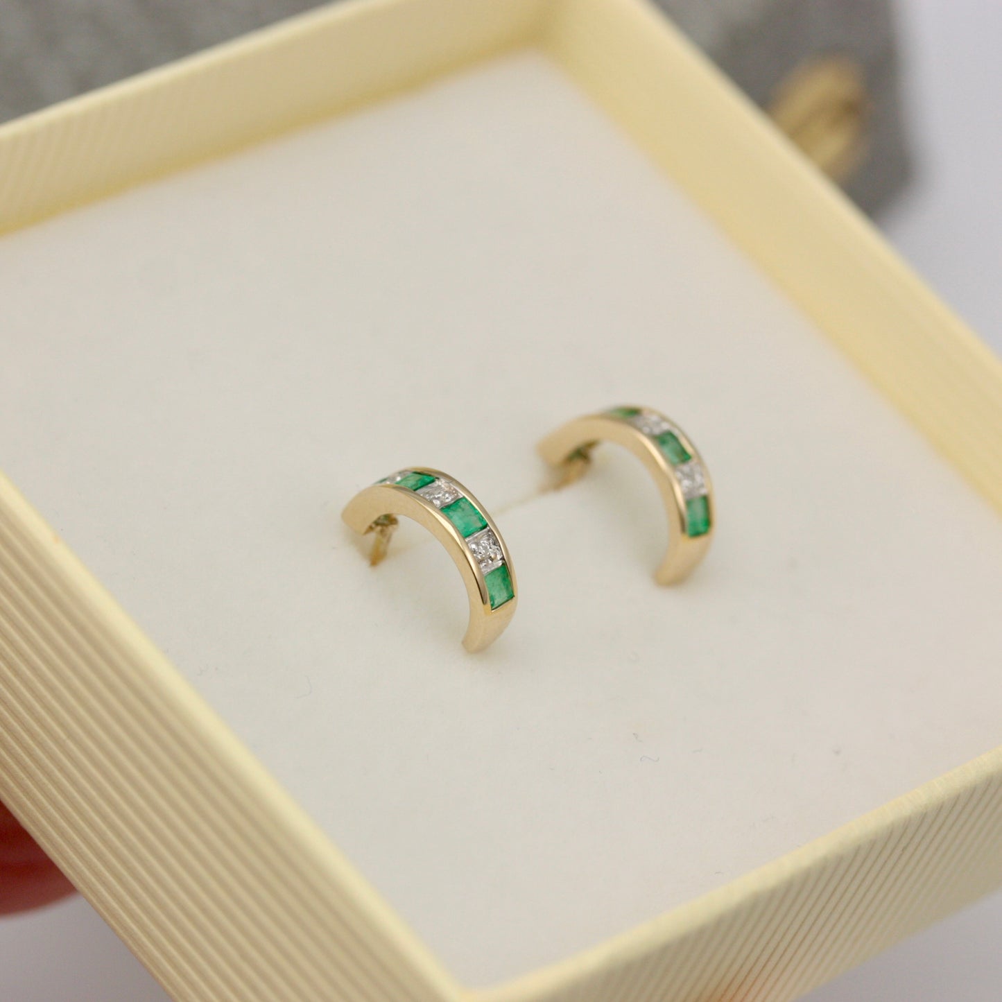 Pre-owned 9ct Gold Emerald and Diamond Half Hoop Earrings