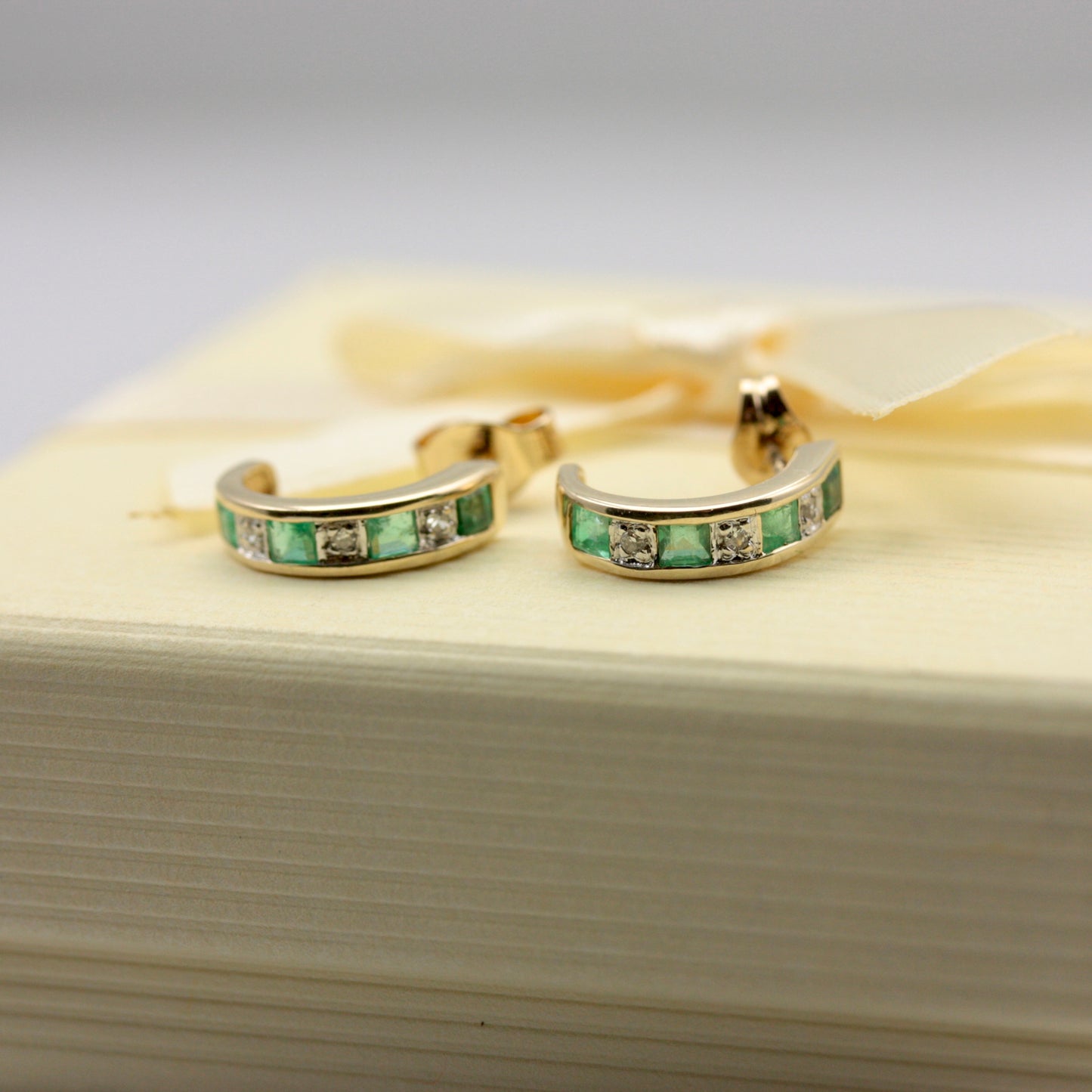 Pre-owned 9ct Gold Emerald and Diamond Half Hoop Earrings