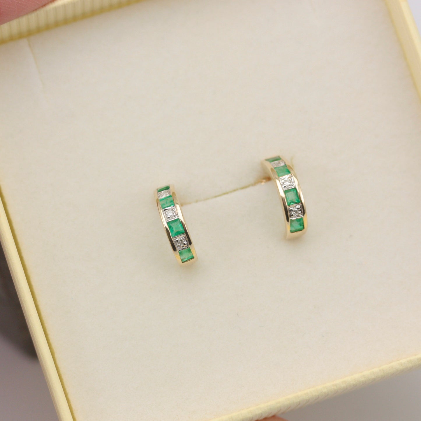 Pre-owned 9ct Gold Emerald and Diamond Half Hoop Earrings