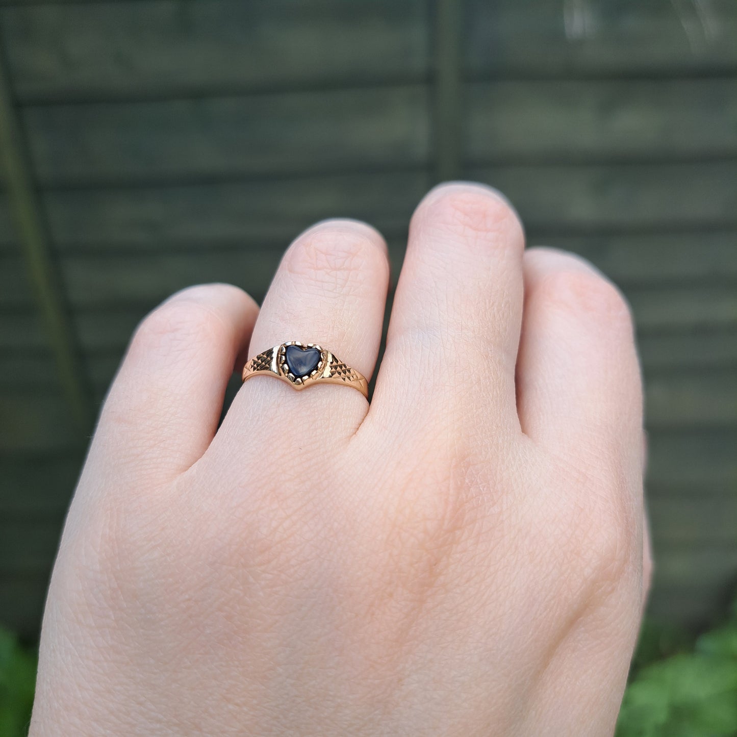 Vintage 9ct Gold and Black Onyx Heart Ring, 1989