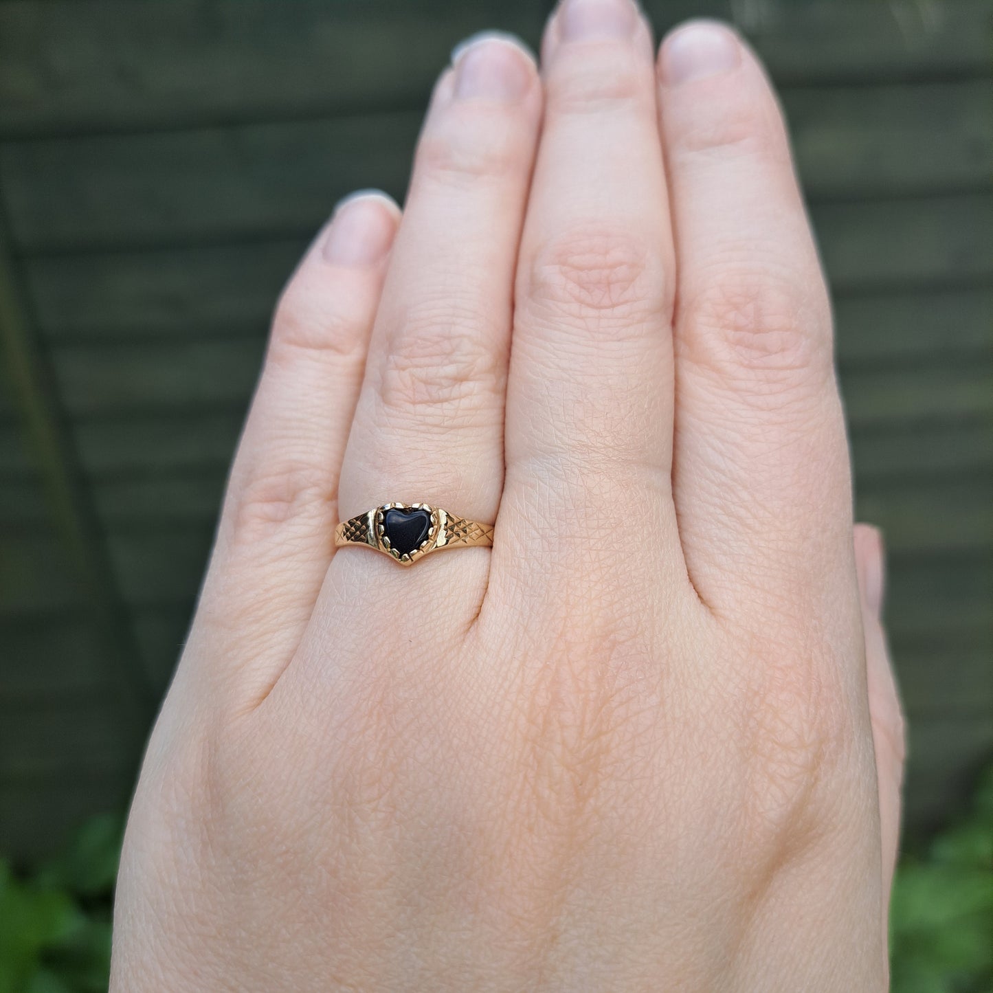 Vintage 9ct Gold and Black Onyx Heart Ring, 1989