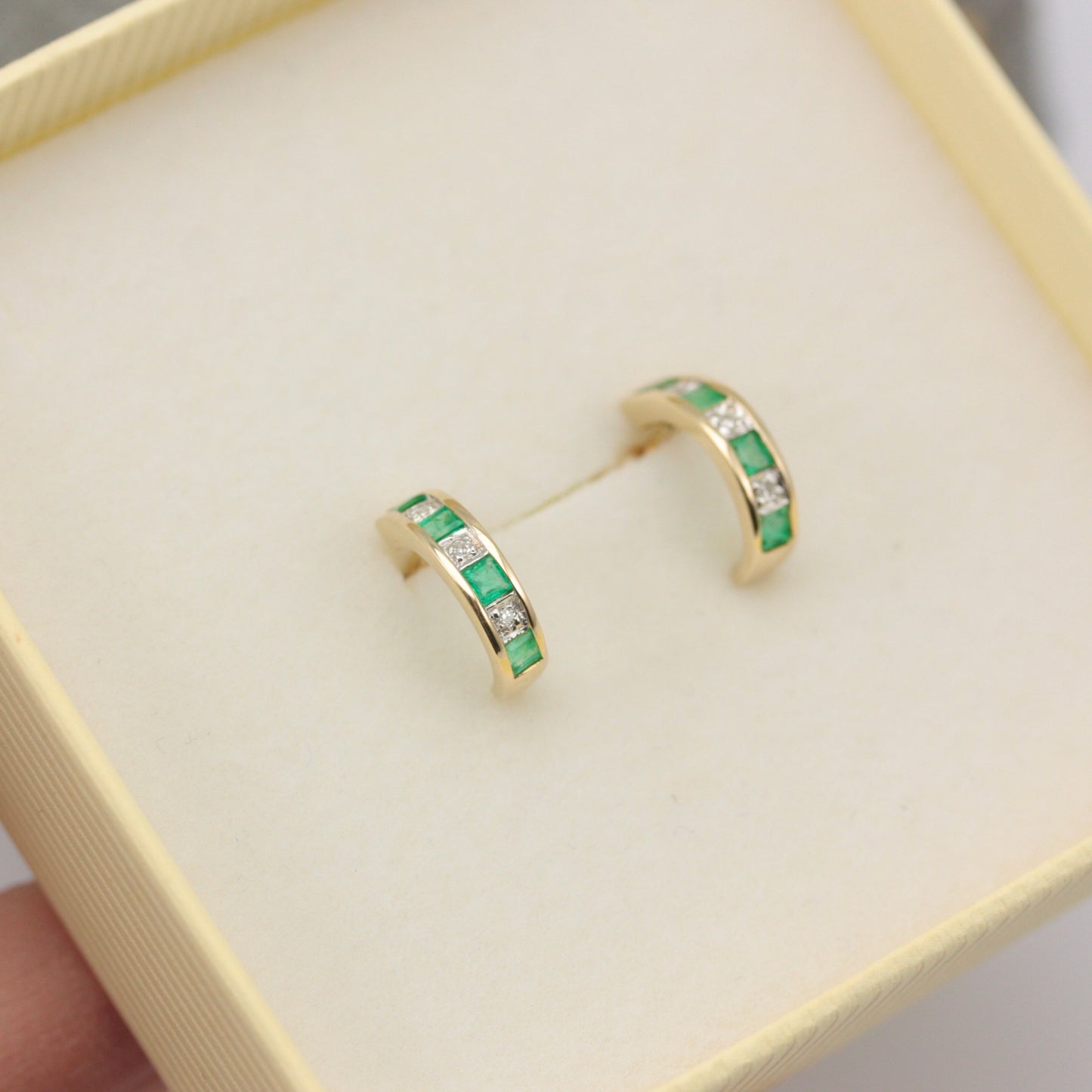 Pre-owned 9ct Gold Emerald and Diamond Half Hoop Earrings