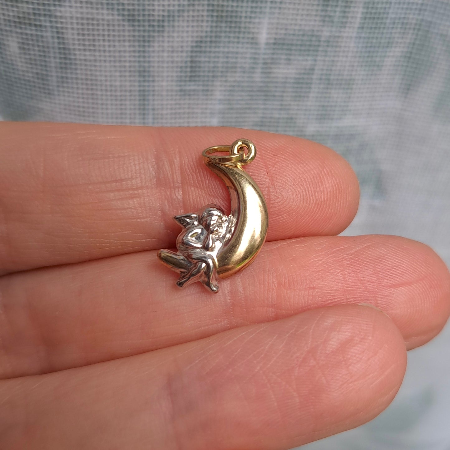 Pre-owned 9ct Two Tone Gold Moon and Angel Pendant