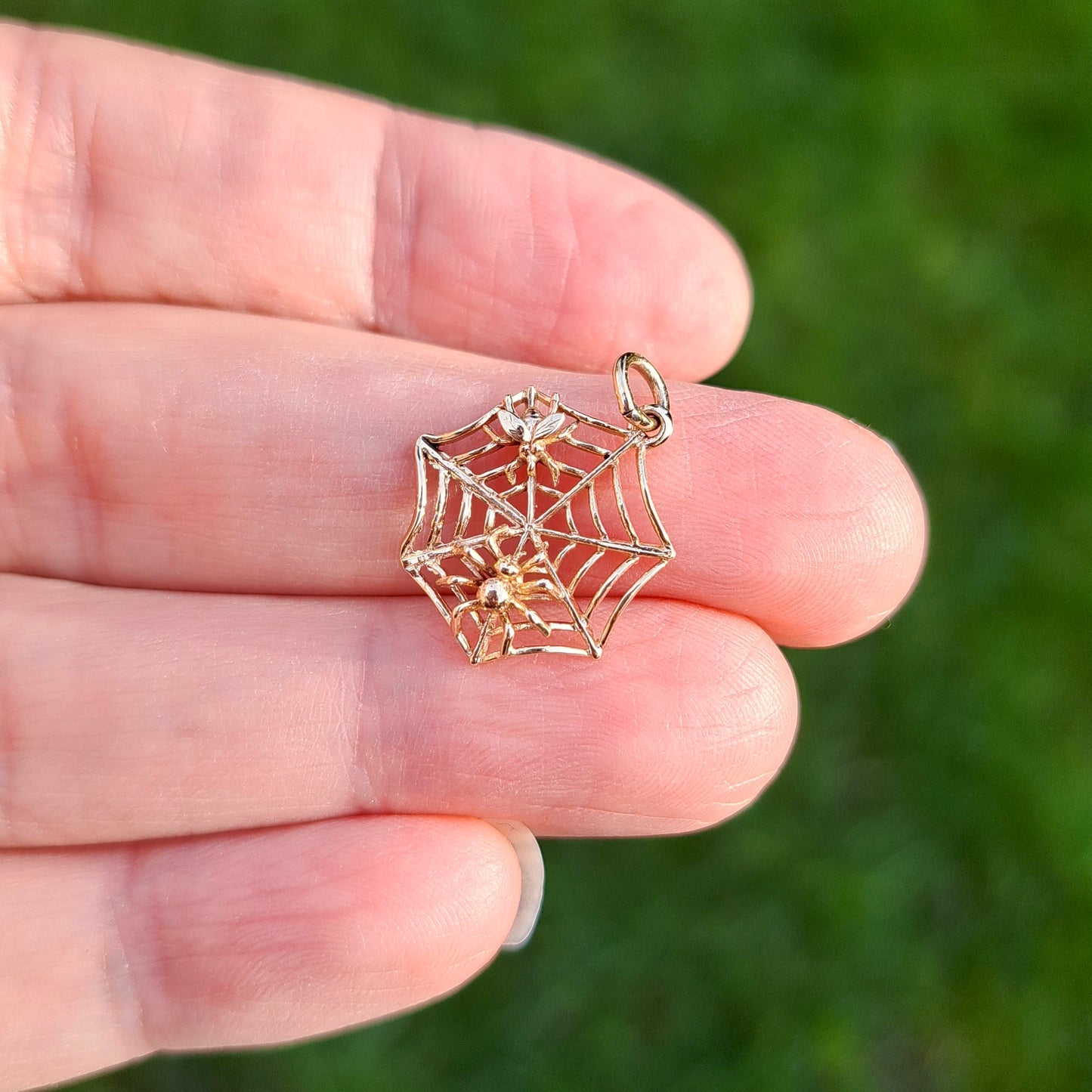 Vintage 9ct Gold Spiderweb Charm with Spider and Fly, 1966