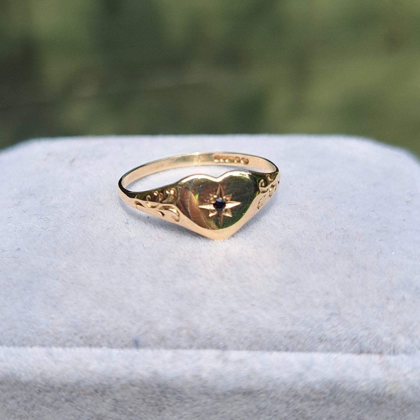 Vintage 9ct Gold Sapphire Heart Signet Ring, 1987