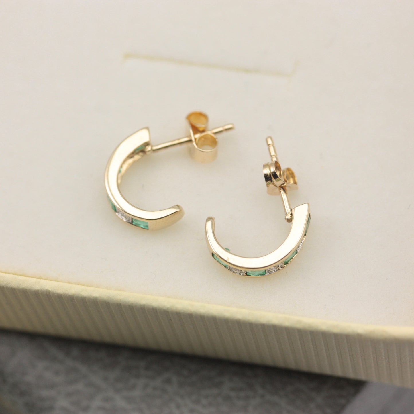 Pre-owned 9ct Gold Emerald and Diamond Half Hoop Earrings