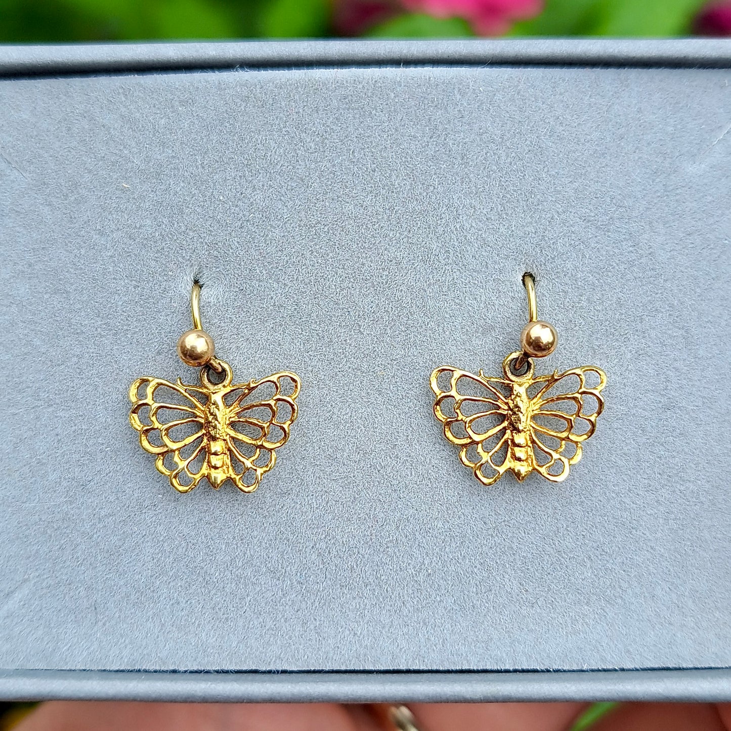 vintage solid 9ct yellow gold butterfly dangle earrings 1977