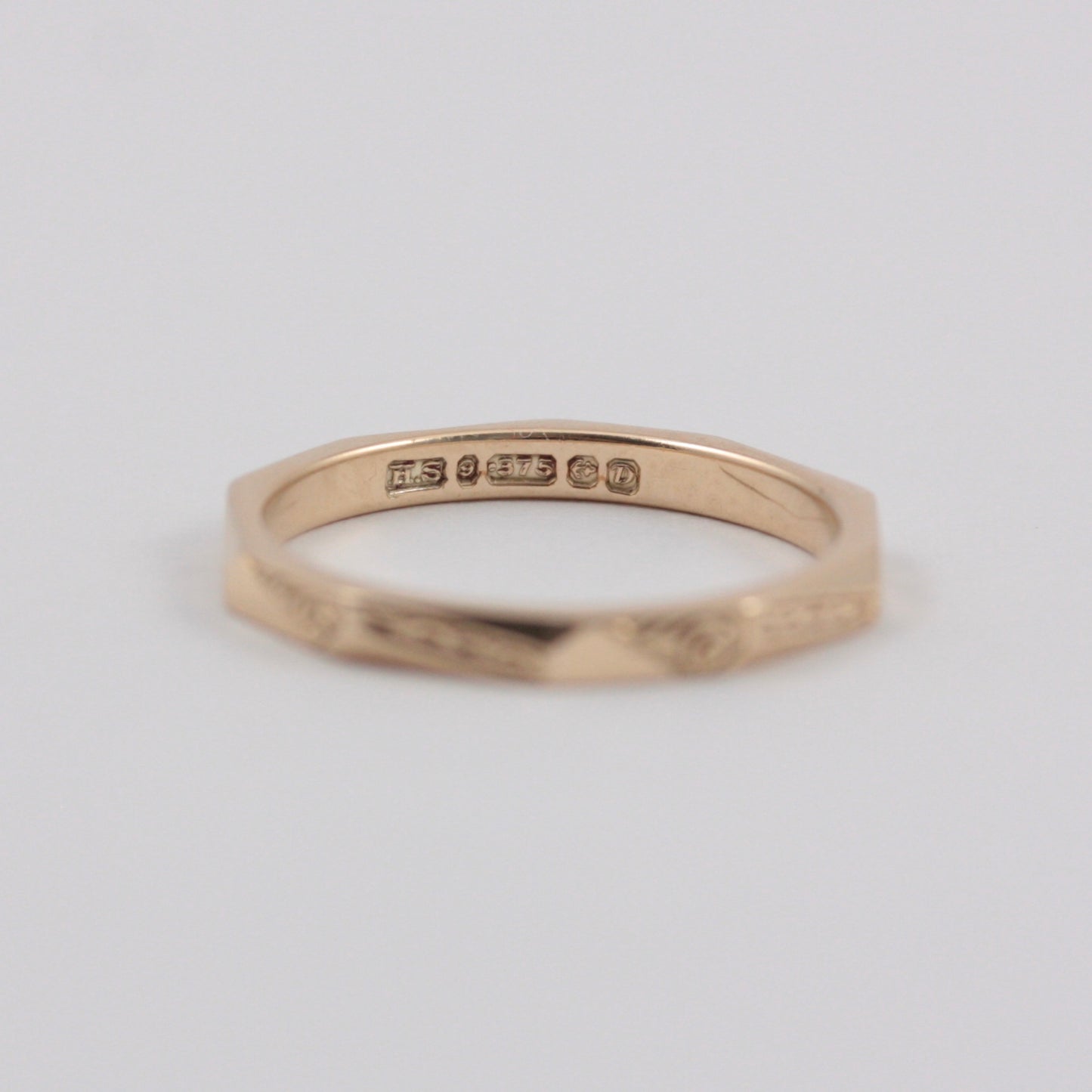 Vintage 9ct Gold Patterned Decagon Band Ring, 1953