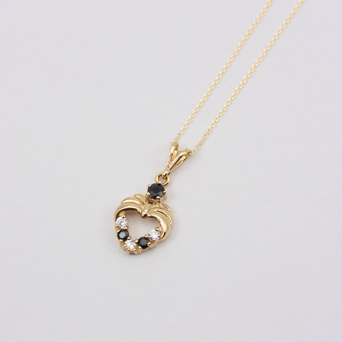 Vintage 9ct Gold Sapphire + CZ Open Heart Pendant with Chain, 1992