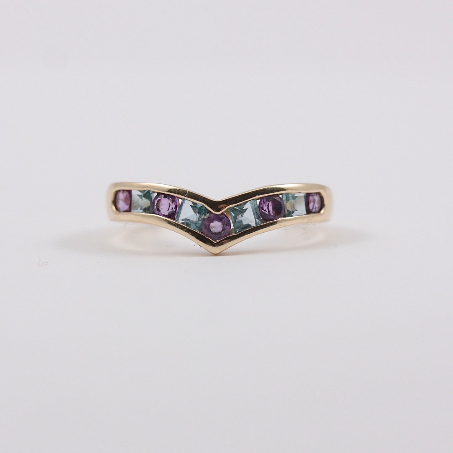 Pre-owned 9ct Gold Amethyst and Blue Topaz Wishbone Ring