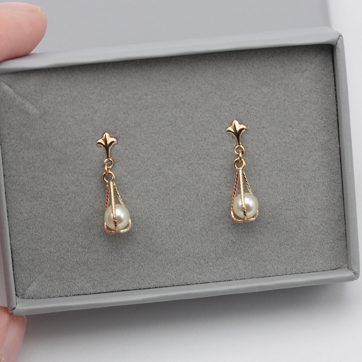 Vintage 9ct Gold Caged Pearl Dangle Earrings, 1980s