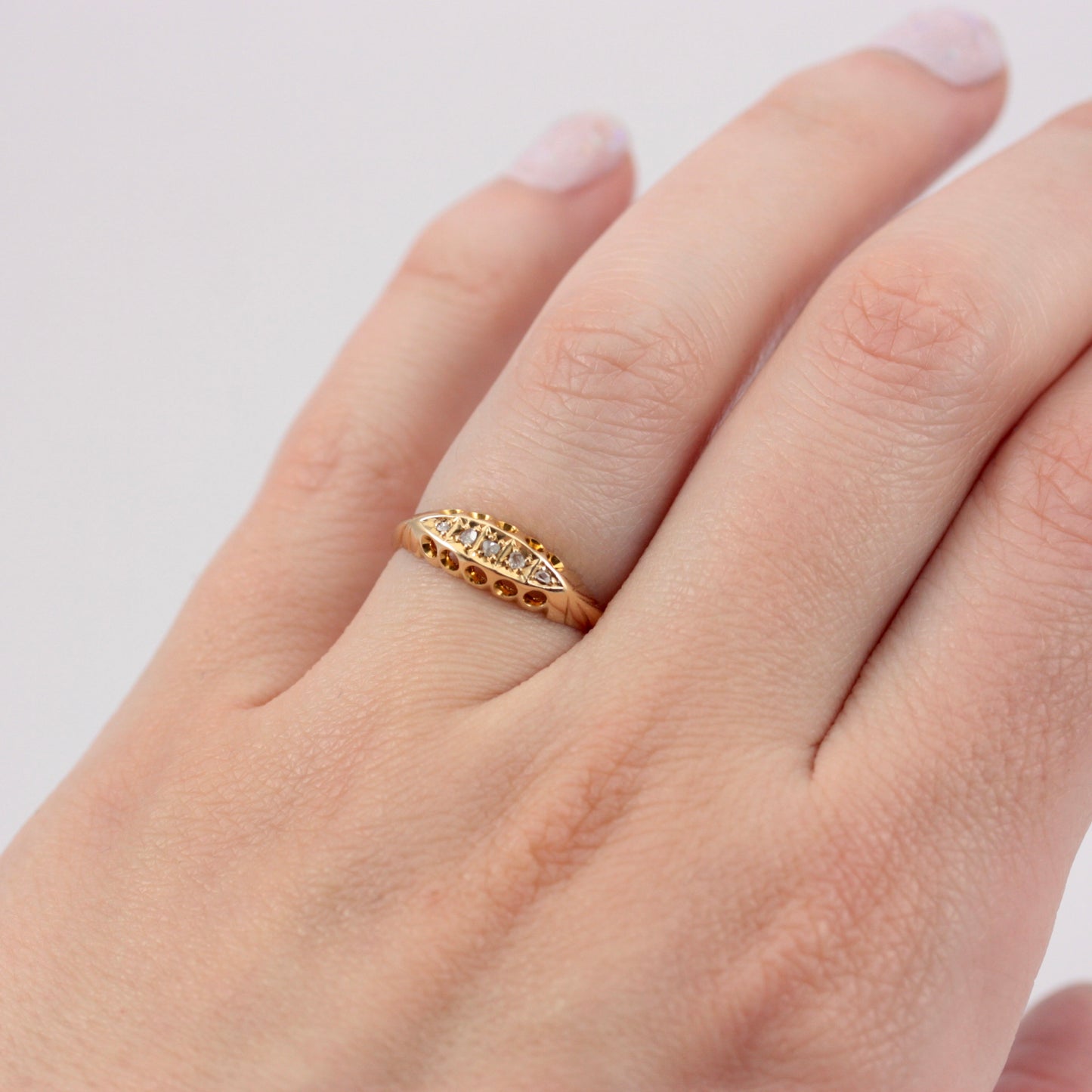 Antique Edwardian 18ct Gold Diamond Chip 5 Stone Boat Ring, 1907