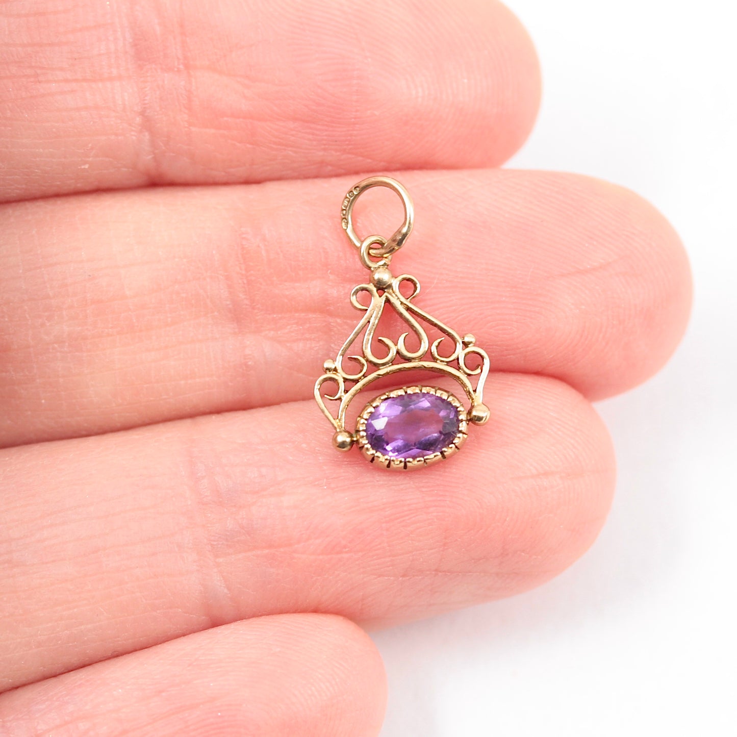 Small Vintage 9ct Gold Amethyst Fob Style Charm / Pendant, 1993