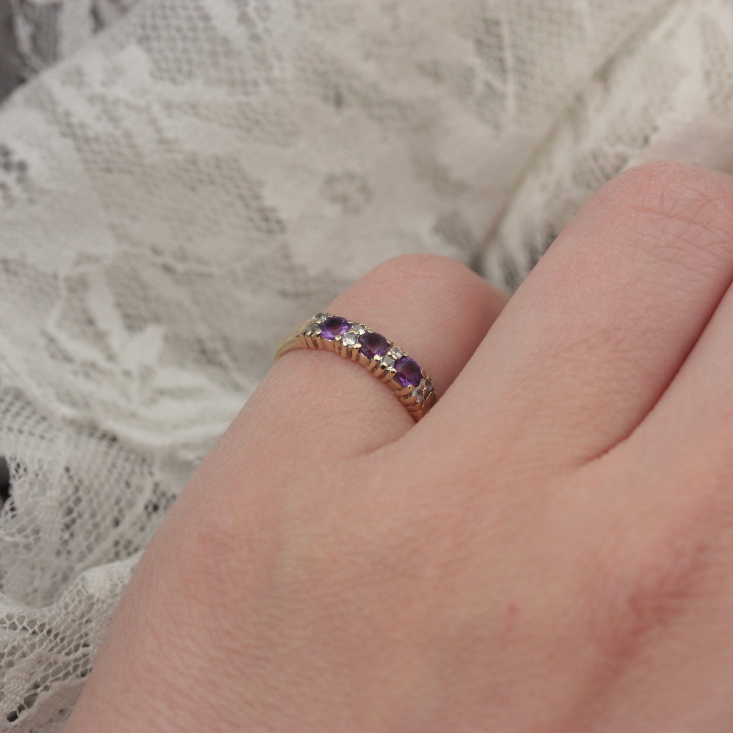 Vintage 9ct Gold Amethyst and CZ Band Ring, 1980s