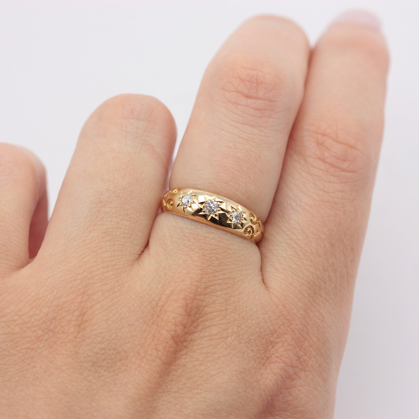 Antique 18ct Gold Star Set Diamond Three Stone Ring, 1892
