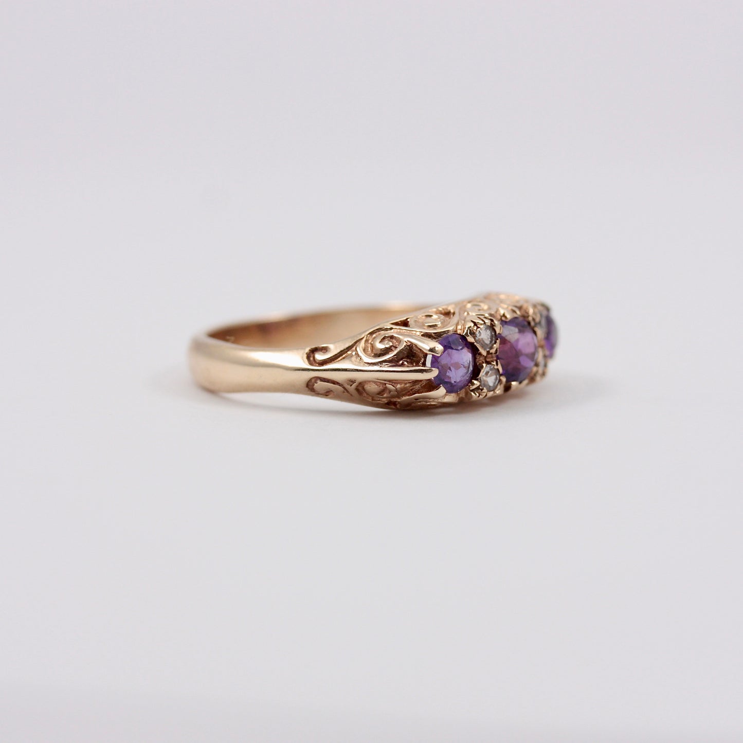 Vintage 9ct Gold Amethyst and Quartz Boat Ring, 1974