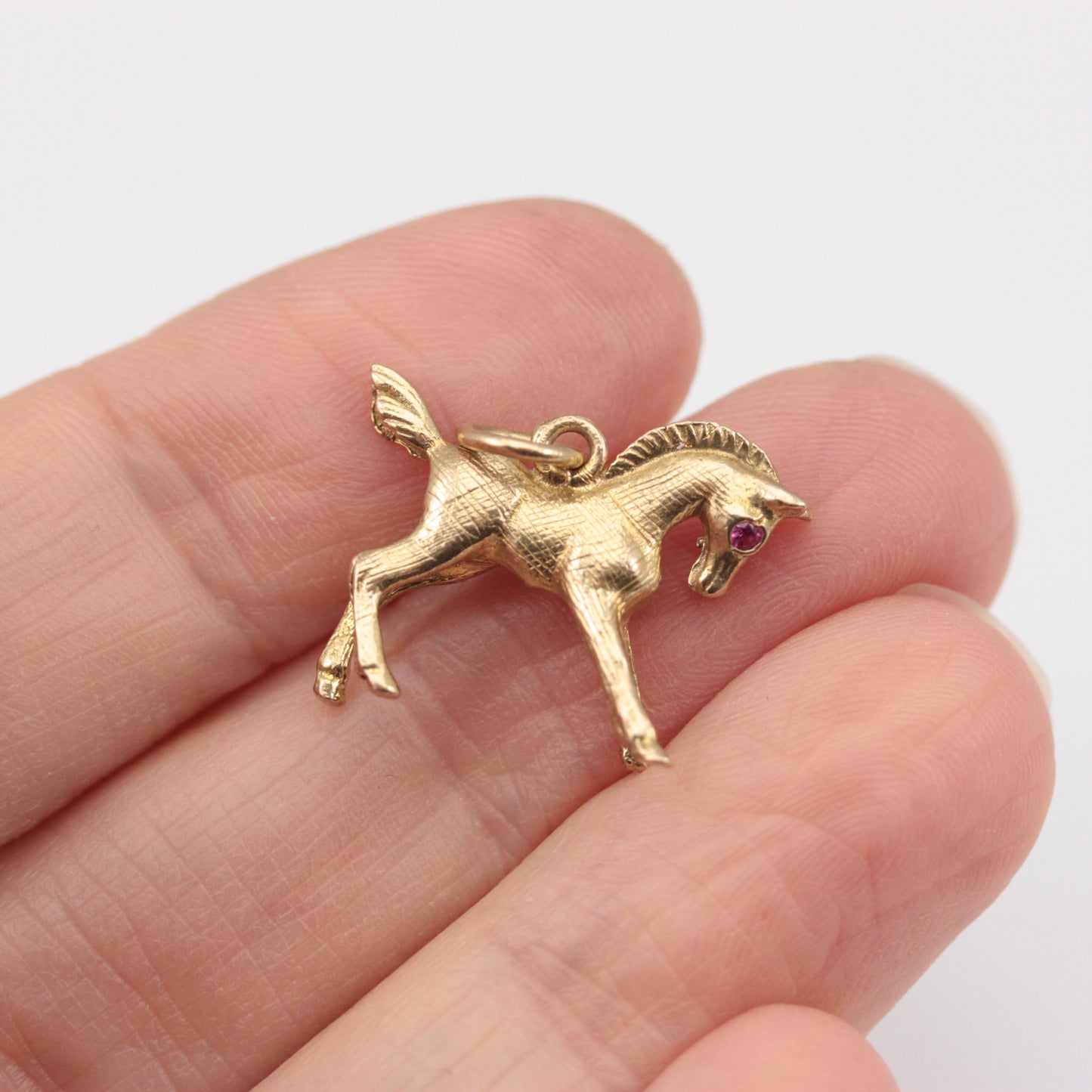 Vintage 9ct Gold Horse Charm with Ruby Eyes, GJLD, 1966