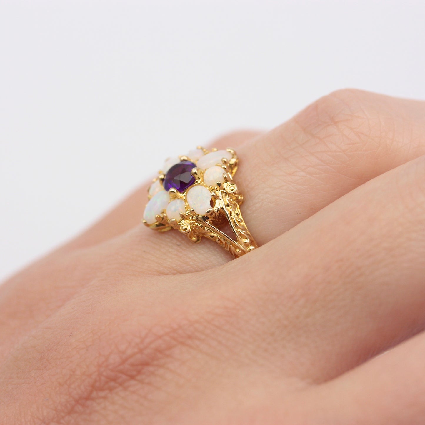 Vintage 9ct Gold Opal and Amethyst Cluster Ring, 1975