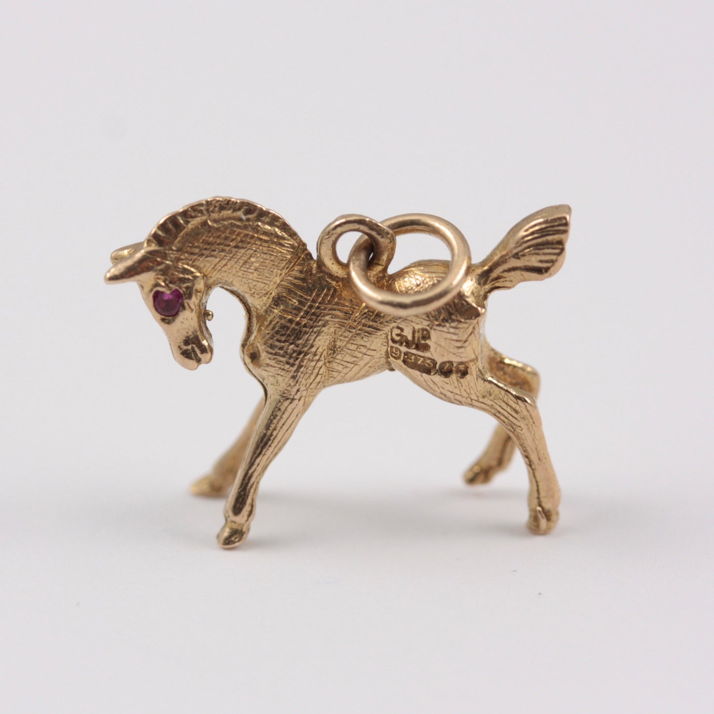 Vintage 9ct Gold Horse Charm with Ruby Eyes, GJLD, 1966