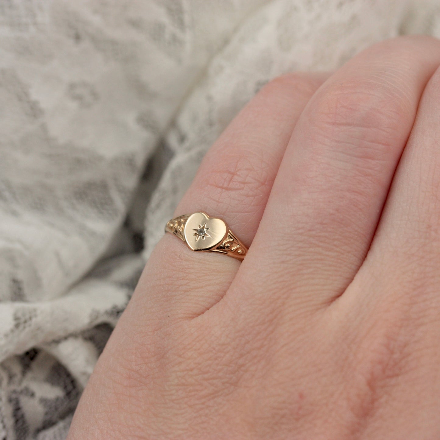 Small Pre-owned 9ct Gold and Diamond Heart Signet Ring, Size G 1/2