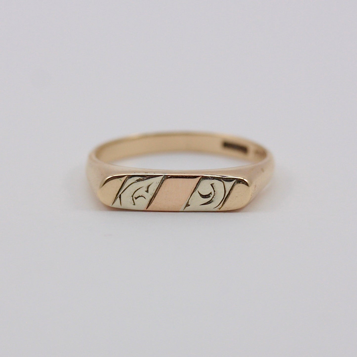 Vintage 9ct Tri Colour Gold Flat Front Ring, 1985