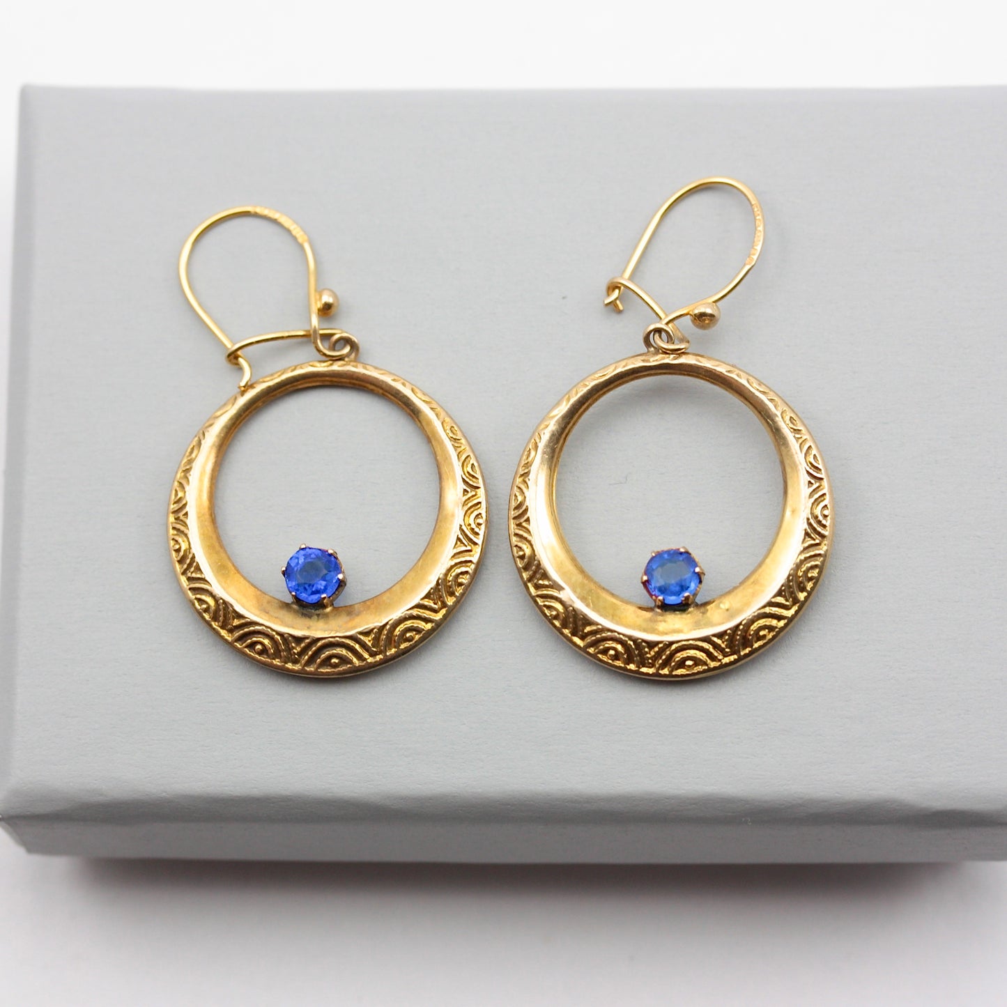 Vintage 9ct Gold Dangle Hoop Earrings with Blue Crystal, 1976