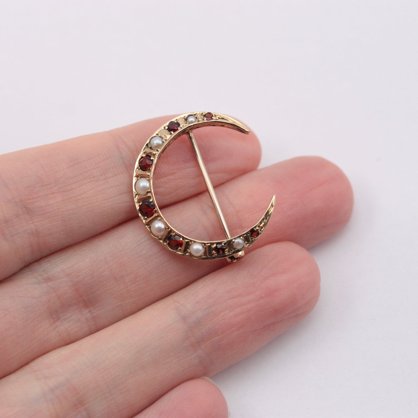 Vintage 9ct Gold Moon Brooch with Garnets and Pearls, 1981