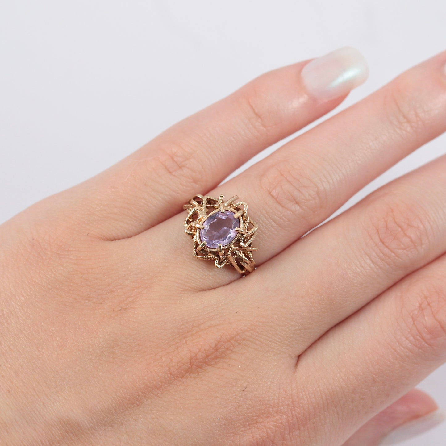 Vintage 9ct Gold Amethyst Brutalist Ring, 1973