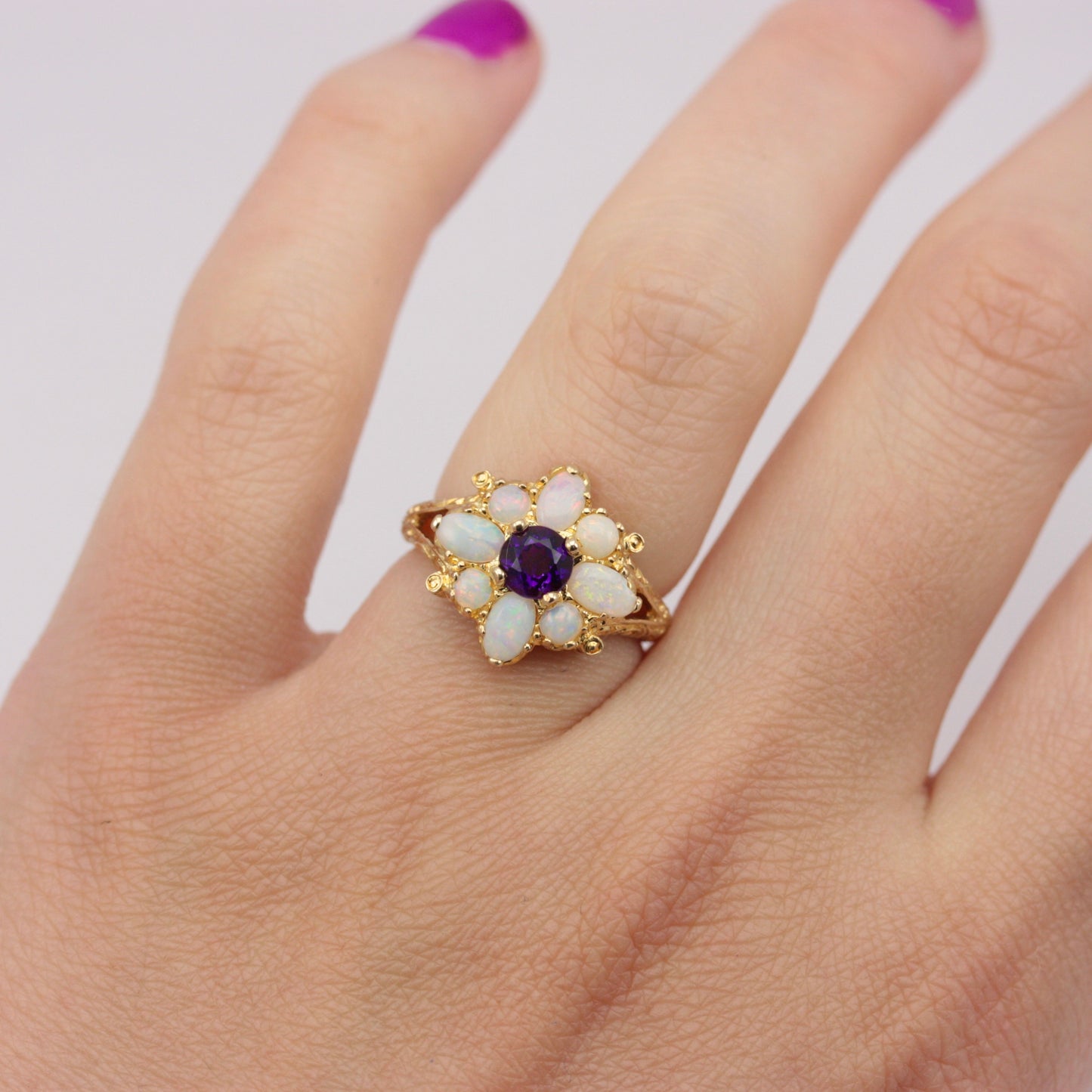 Vintage 9ct Gold Opal and Amethyst Cluster Ring, 1975