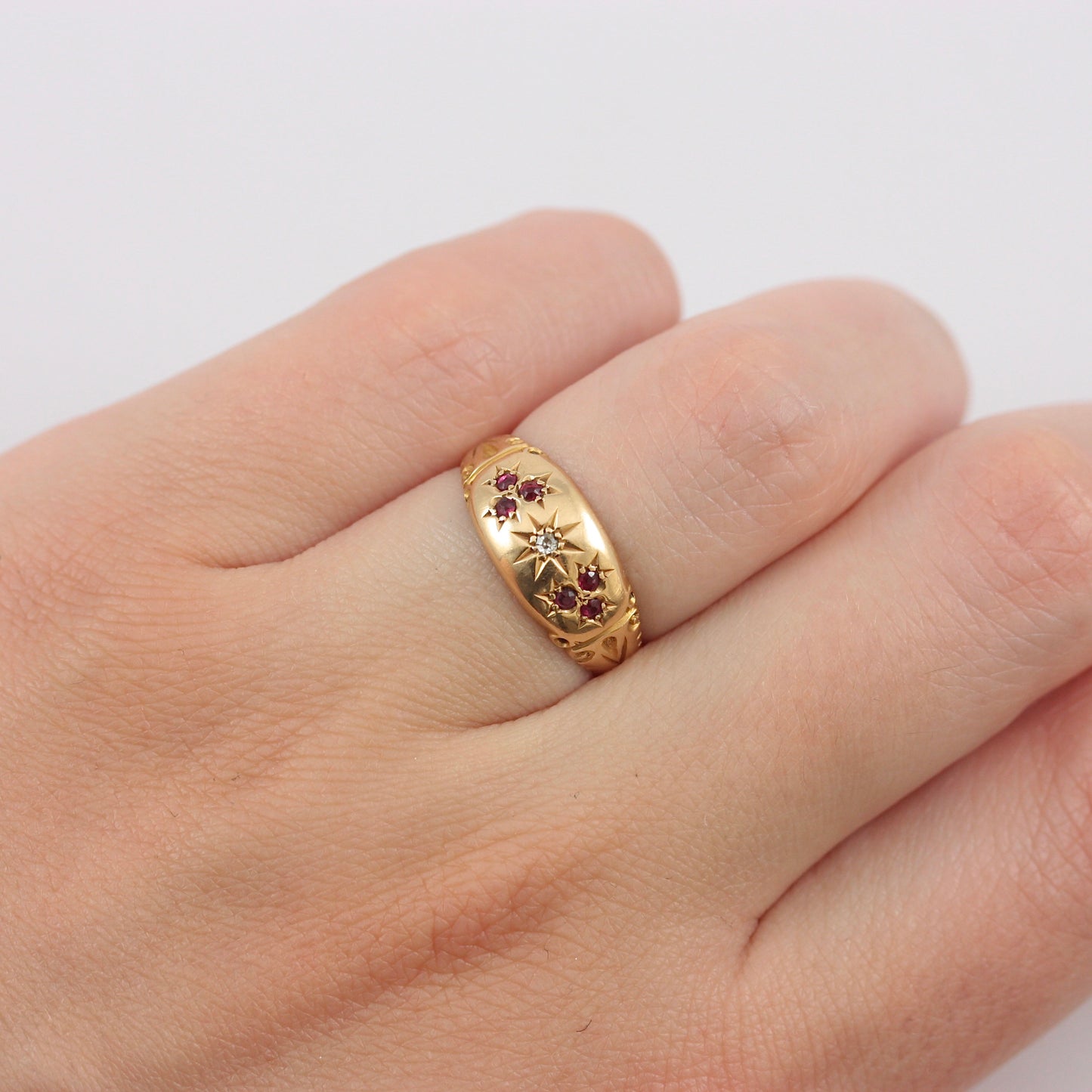 Antique 18ct Gold Band Ring with Ruby and Diamond, 1908 + Resize