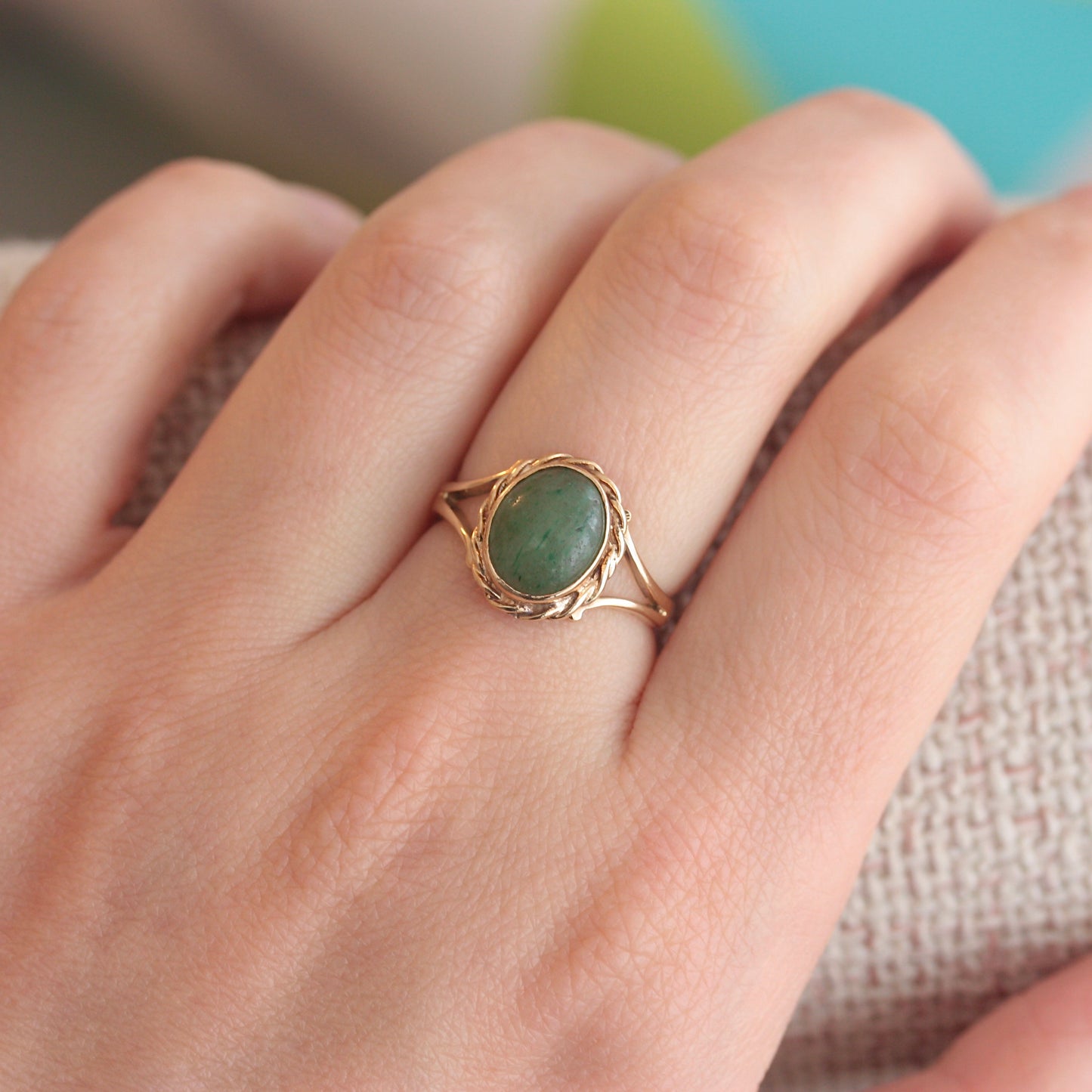 Vintage 9ct Gold Rope Framed Nephrite Jade Solitaire Ring, 1976