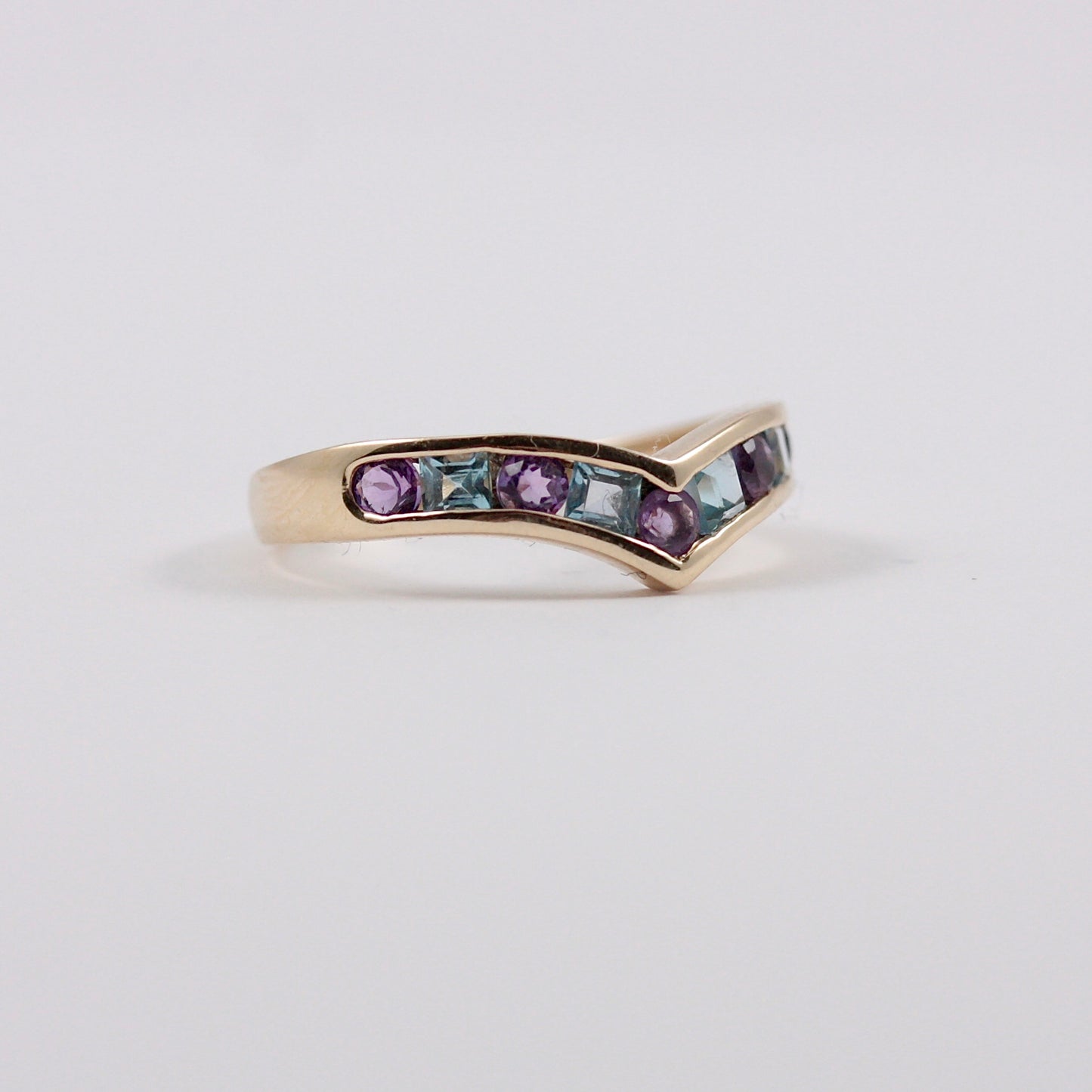 Pre-owned 9ct Gold Amethyst and Blue Topaz Wishbone Ring