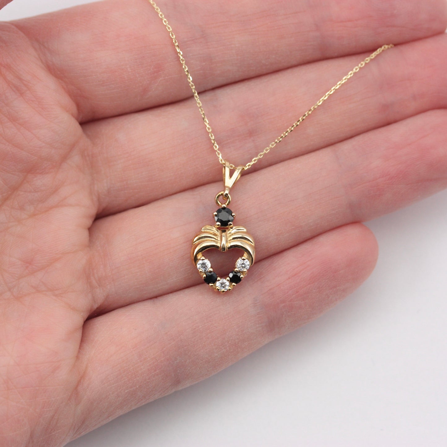 Vintage 9ct Gold Sapphire + CZ Open Heart Pendant with Chain, 1992