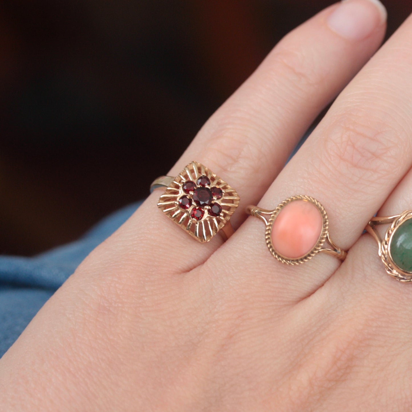 Vintage 9ct Gold Square Front Ring with Garnet Cluster, 1967