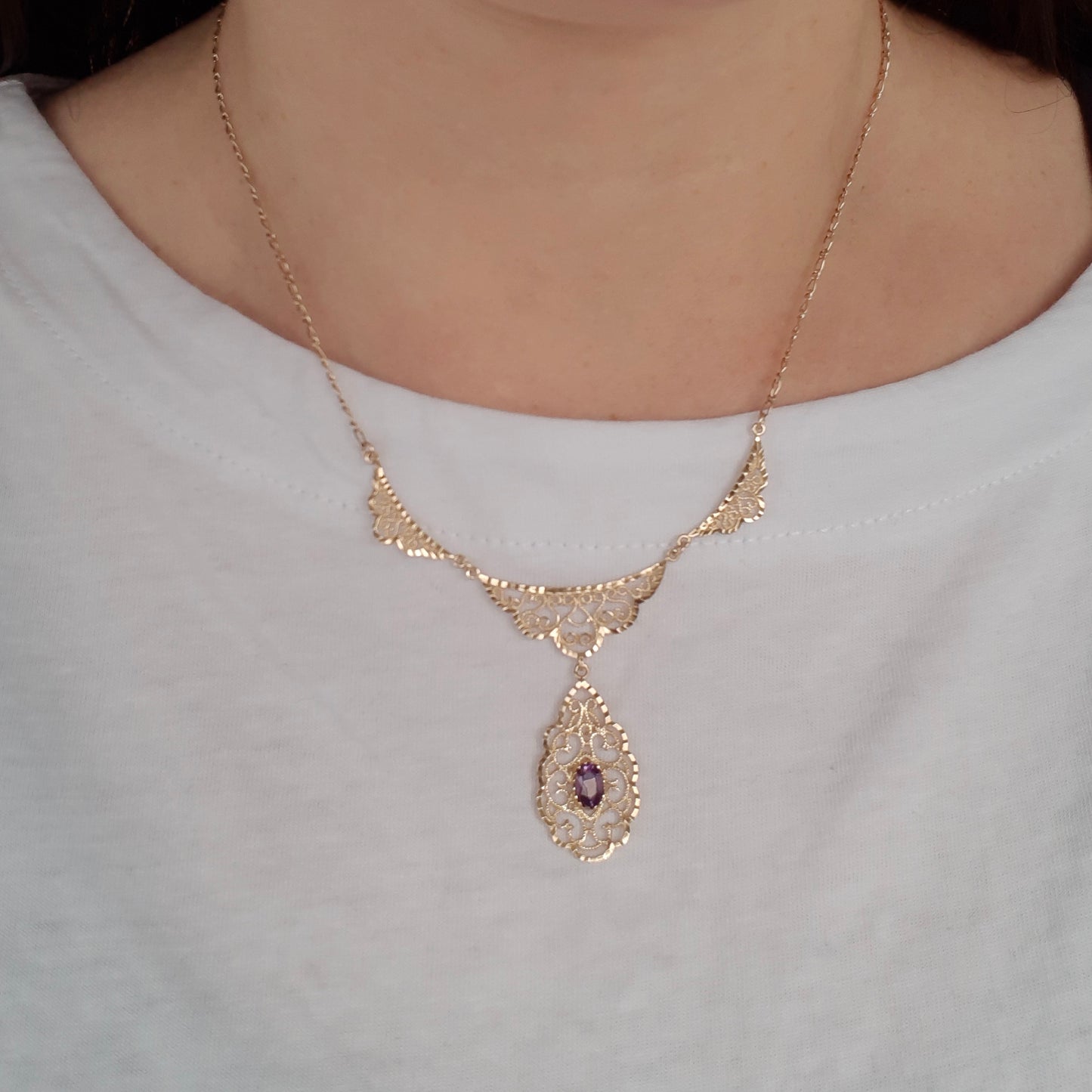Vintage 9ct Gold Filigree Panel Necklace with Amethyst, 1994