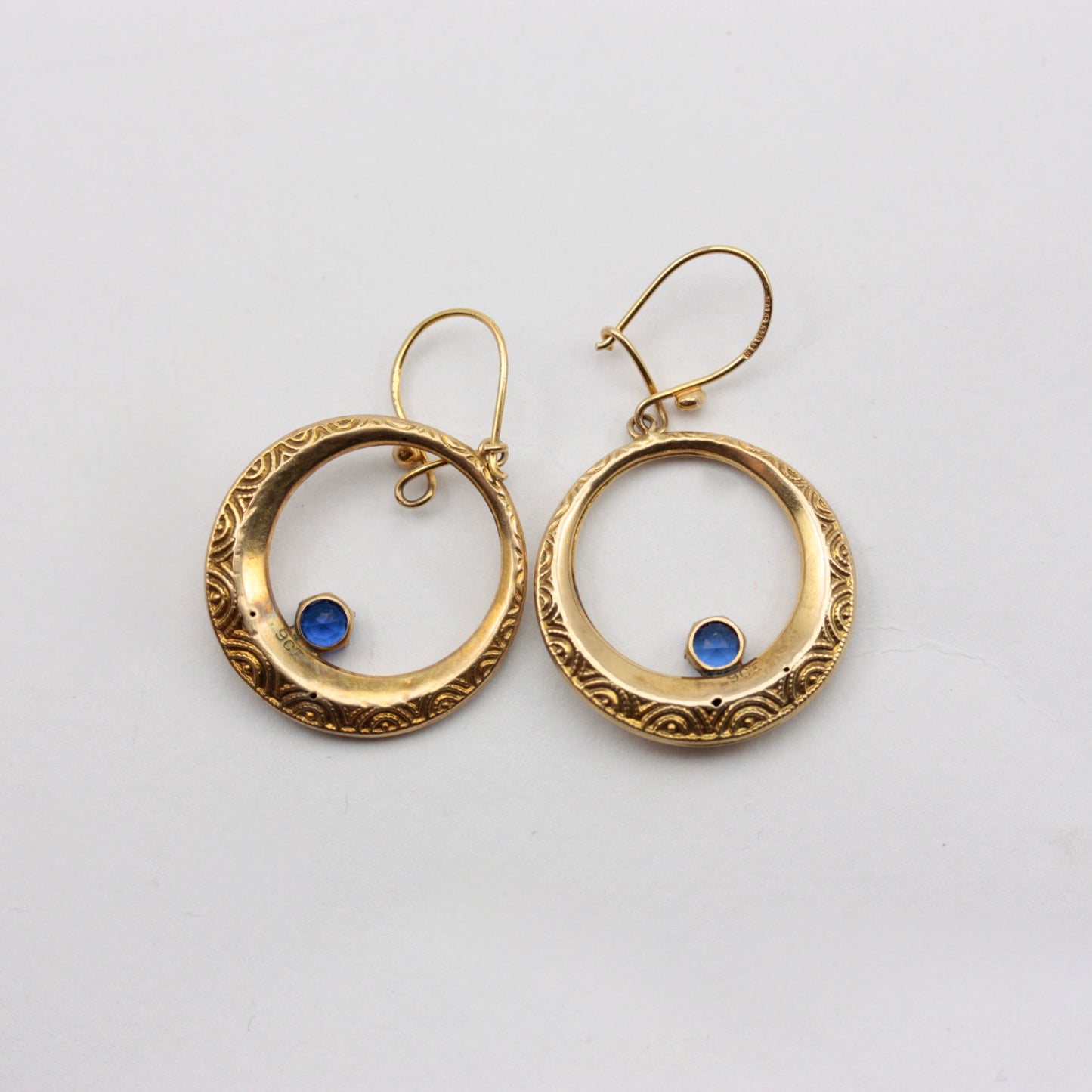 Vintage 9ct Gold Dangle Hoop Earrings with Blue Crystal, 1976