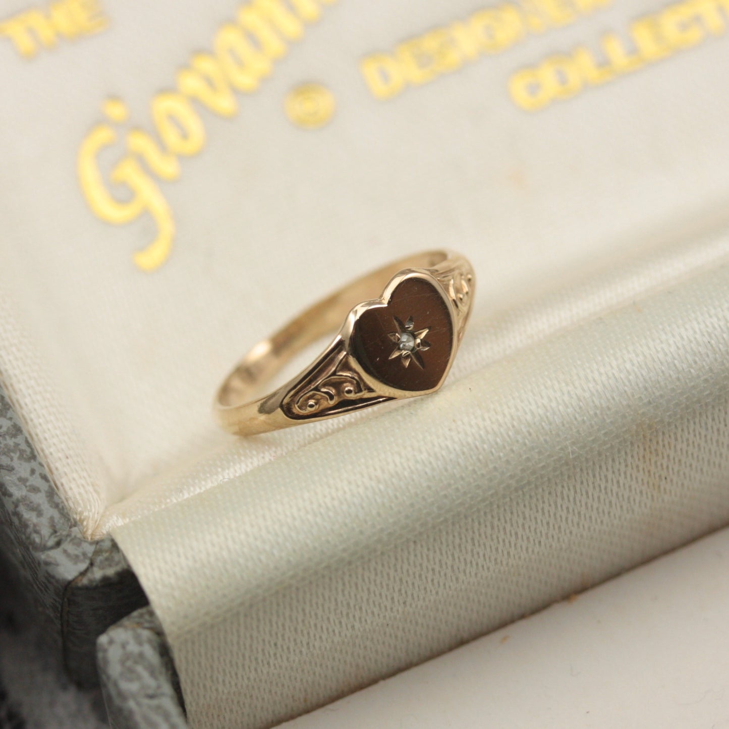 Small Pre-owned 9ct Gold and Diamond Heart Signet Ring, Size G 1/2
