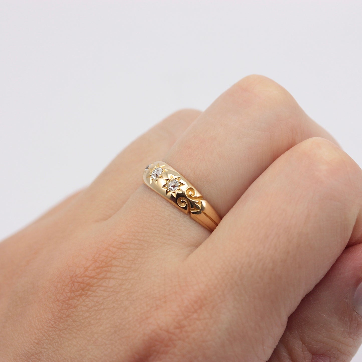 Antique 18ct Gold Star Set Diamond Three Stone Ring, 1892