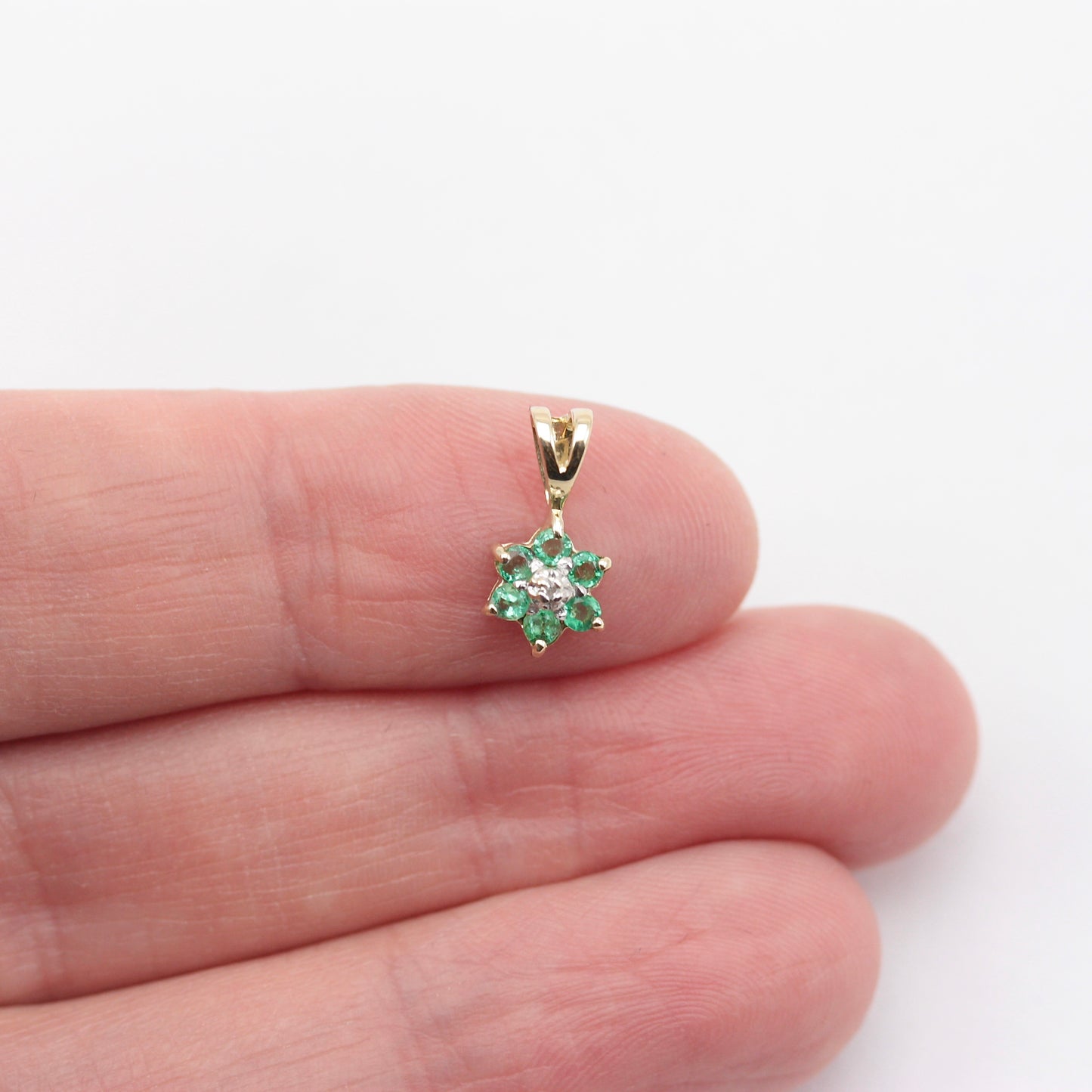 Tiny Vintage 9ct Gold Emerald and Diamond Cluster Pendant