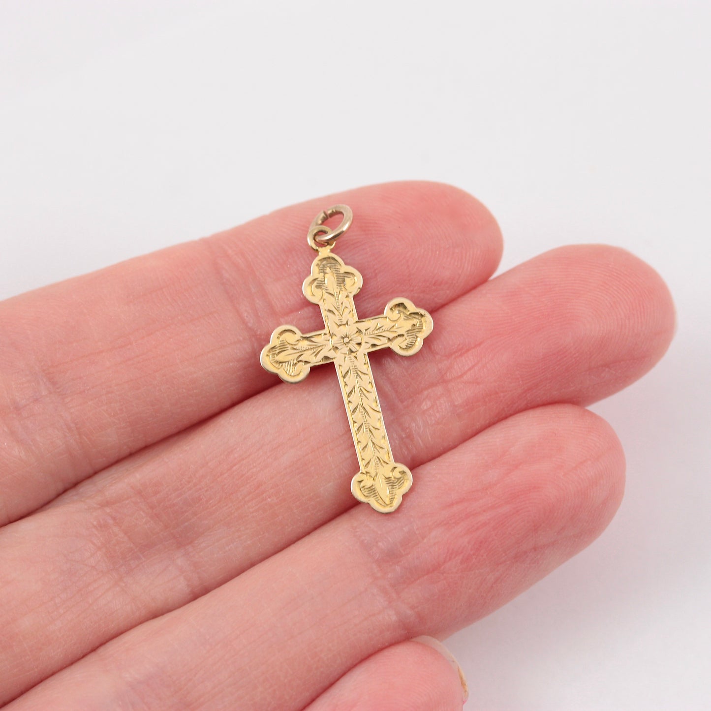 Vintage 9ct Gold Floral Engraved Cross Pendant