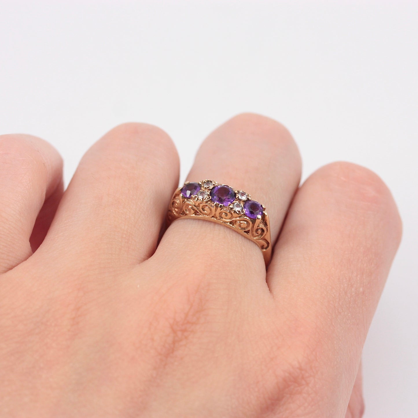 Vintage 9ct Gold Amethyst and Quartz Boat Ring, 1974