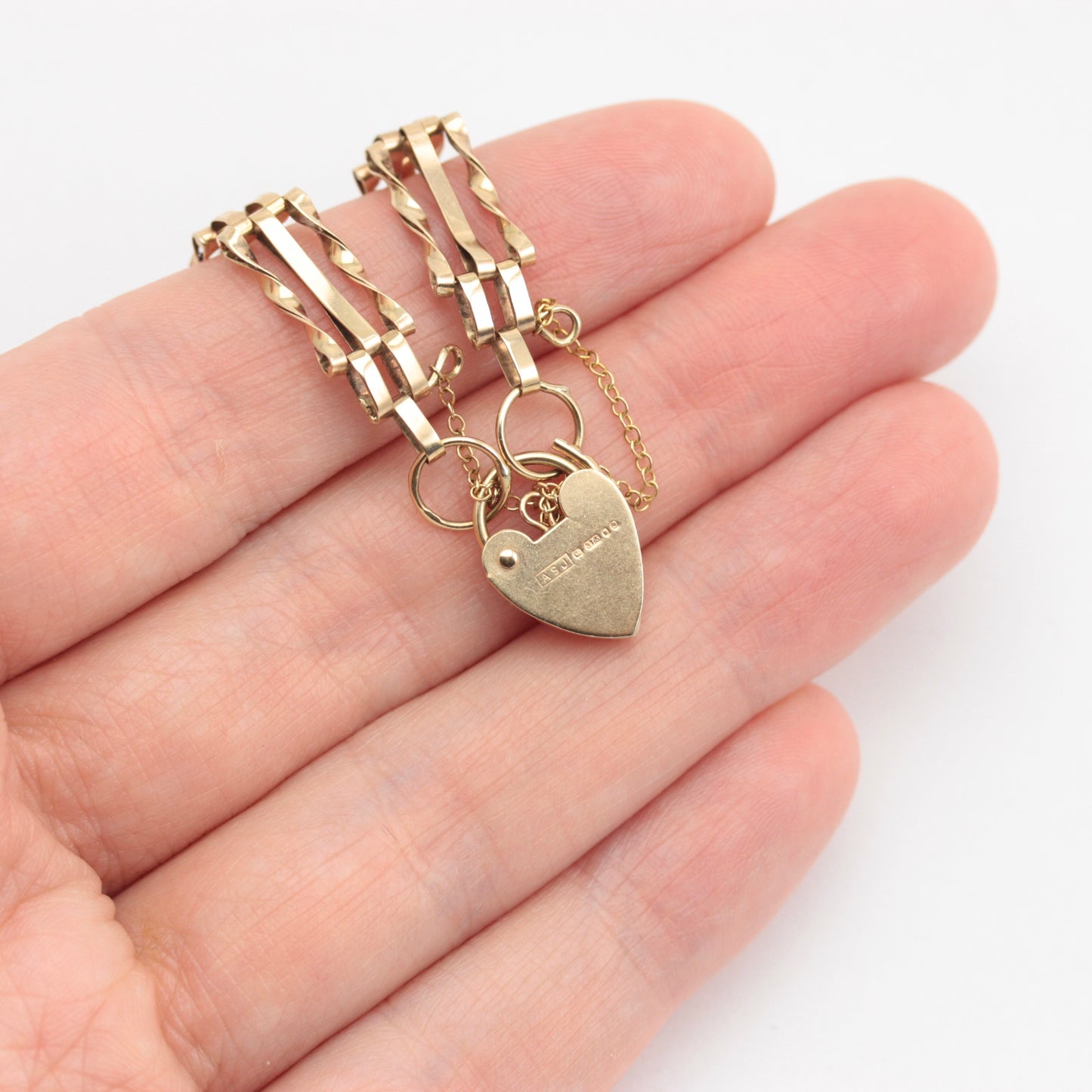 Vintage 9ct Gold 3 Bar Gate Bracelet with Engraved Heart Padlock, 1980