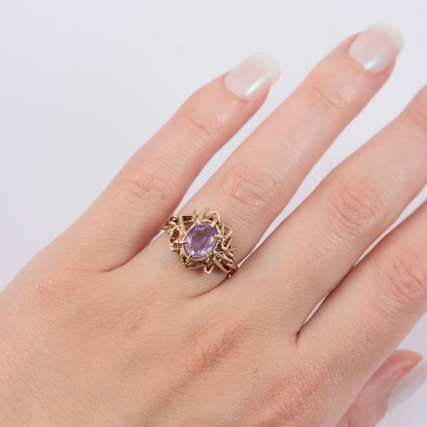 Vintage 9ct Gold Amethyst Brutalist Ring, 1973