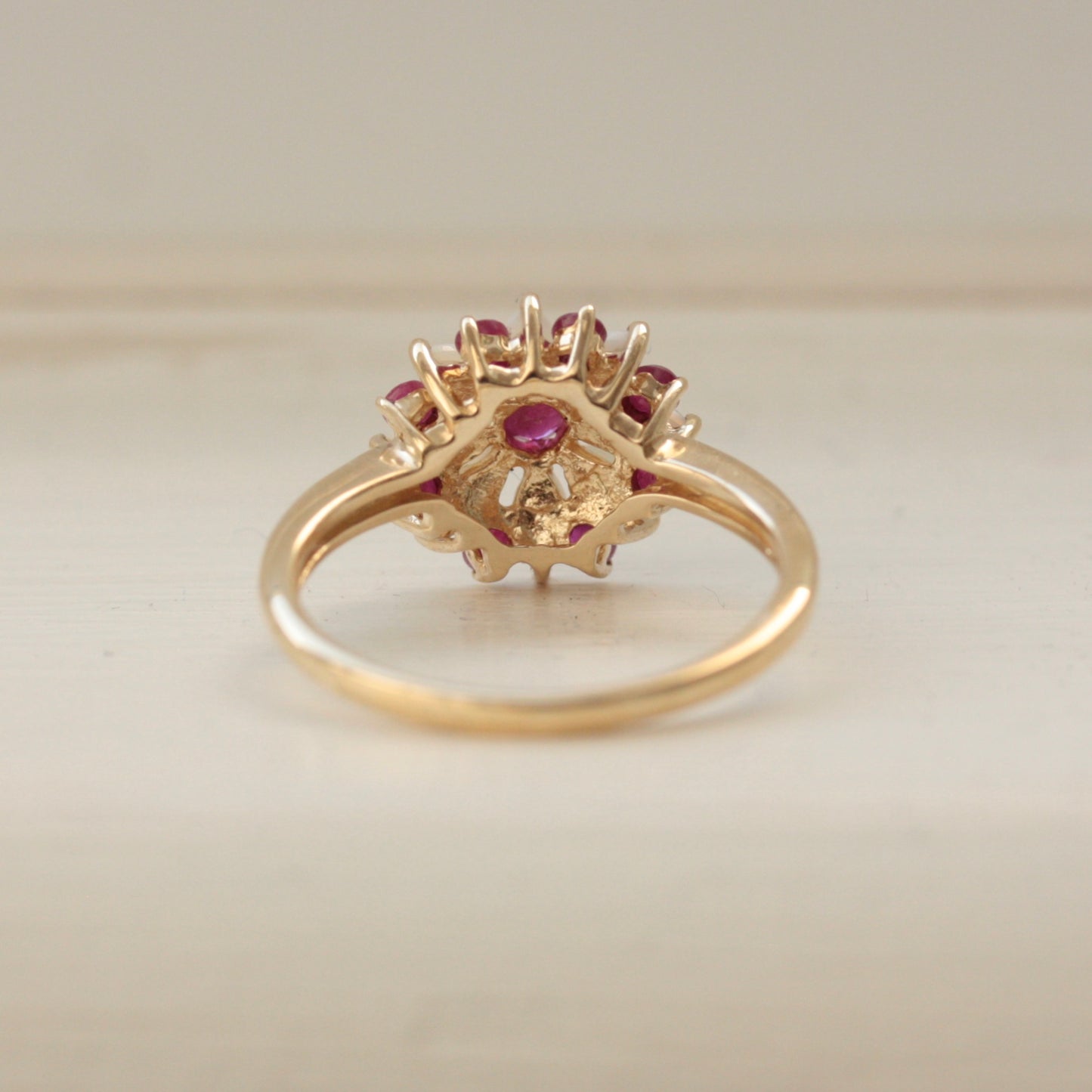 Pre-owned 9ct Gold Opal and Ruby Cluster Flower Ring, 2007